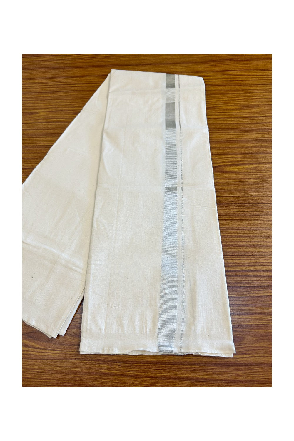25% Discount KaithariKada 100% Cotton Balaramapuram HANDLOOM Single Mundu/Dhoti - Off White - (Unbleached) 1.25 inch Silver Kasavu Kara Stripes &(2 meter / 4 muzham)- 1KK499KK