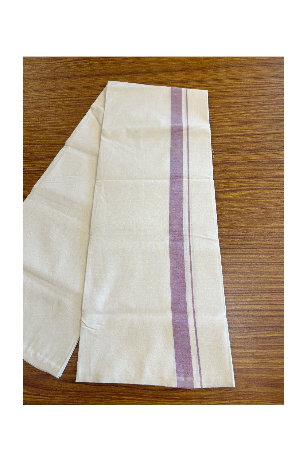 14% DISCOUNT ! KaithariKada Balaramapuram 100% COTTON SINGLE OFF WHITE - (Unbleached) Mundu/Dhoti-Twisted 100s Thread- 1.5 inch Purple Kara (2 metre / 4 muzham)- 1KK5012ASH