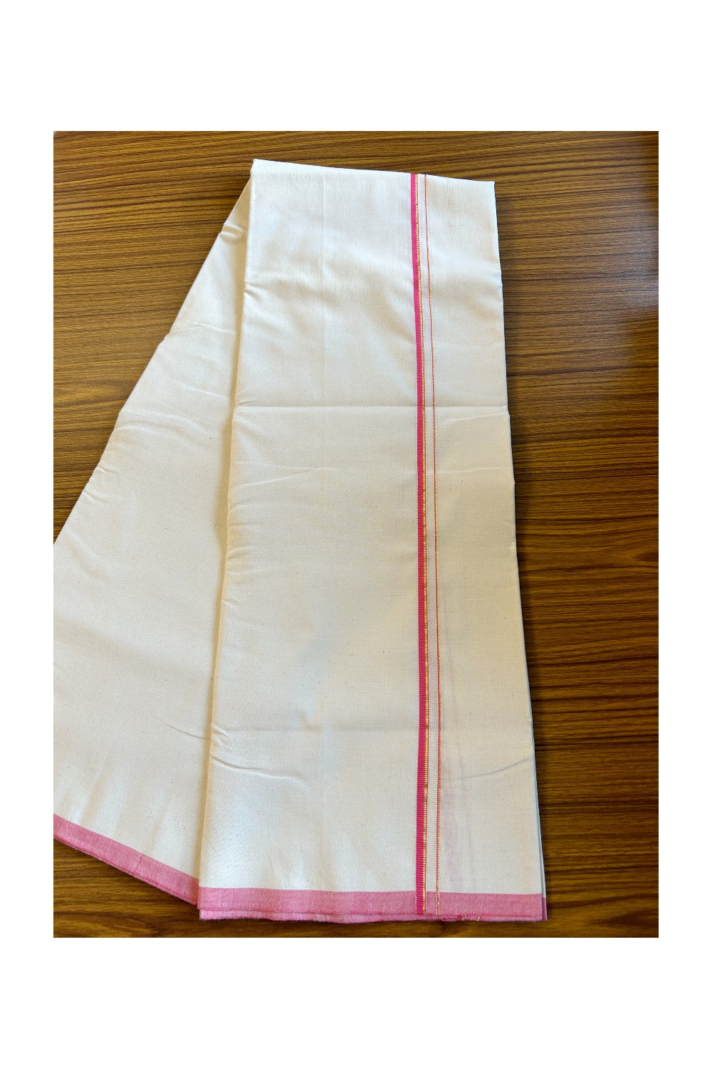 25%DISCOUNT!! SIGNATURE KAITHARIKADA EXCLUSIVE SINGLE DHOTI - 100% Cotton Balaramapuram HANDLOOM Single Mundu/Dhoti - Off White - (Unbleached) 0.5 inch Pink & Gold Kasavu Kara (2 metre / 4 muzham)- 1KK5013KAI