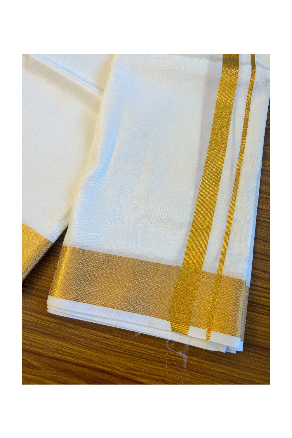 KaithariKada Balaramapuram 100% Art Silk OFF WHITE Double Mundu/Dhoti & Neriyath - 1.5inch Gold Kasavu kara - 2KK5015KAN