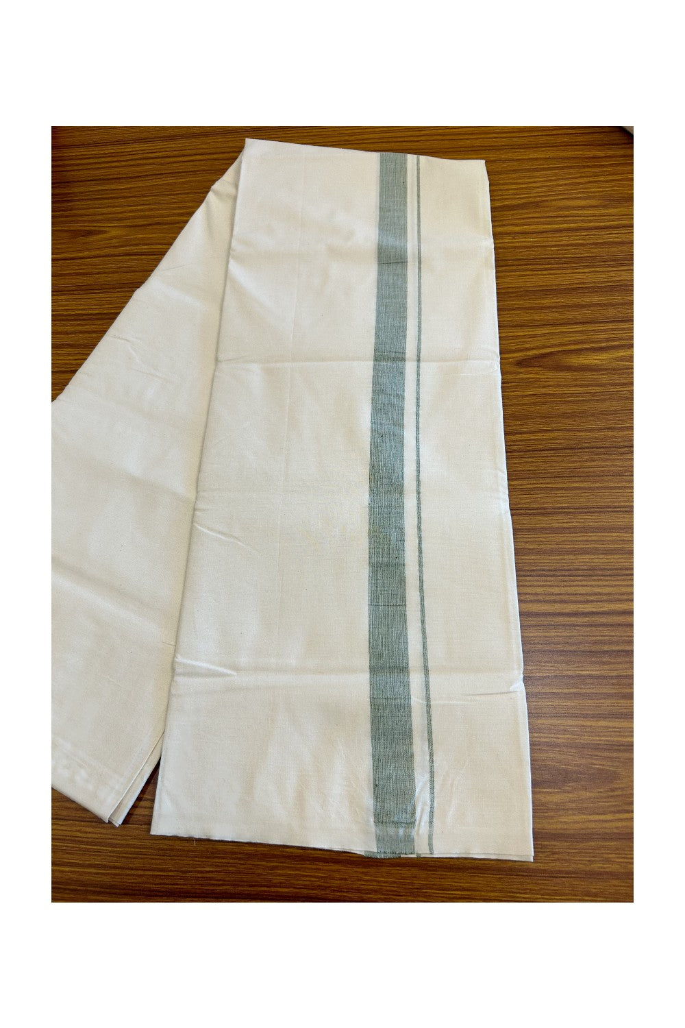 14% DISCOUNT ! KaithariKada Balaramapuram 100% COTTON SINGLE OFF WHITE - (Unbleached) Mundu/Dhoti-Twisted 100s Thread- 1.5 inch Shaded Green Kara (2 metre / 4 muzham)- 1KK5019ASH