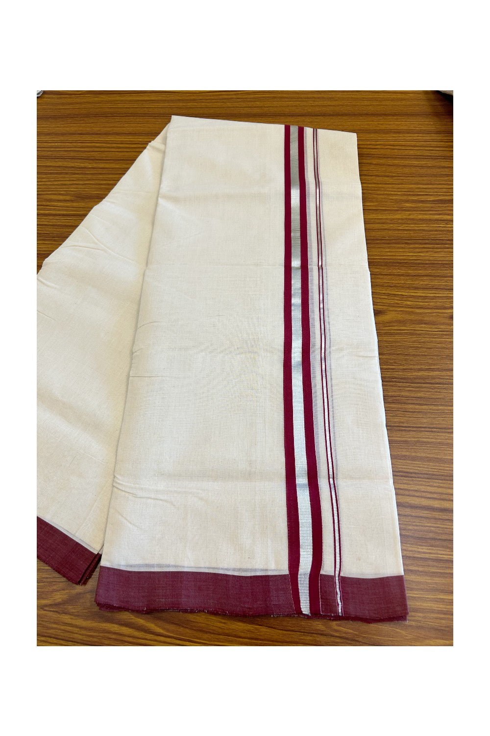 25% DISCOUNT!! KaithariKada HANDLOOM Millpaav Balaramapuram - 100% PURE Cotton OFF White Double - (Unbleached) Mundu/Dothi - 1.75 inch Maroon & Silver Kasavu Kara 4.5 Meters (10 Muzham) - 1KK5020RAM
