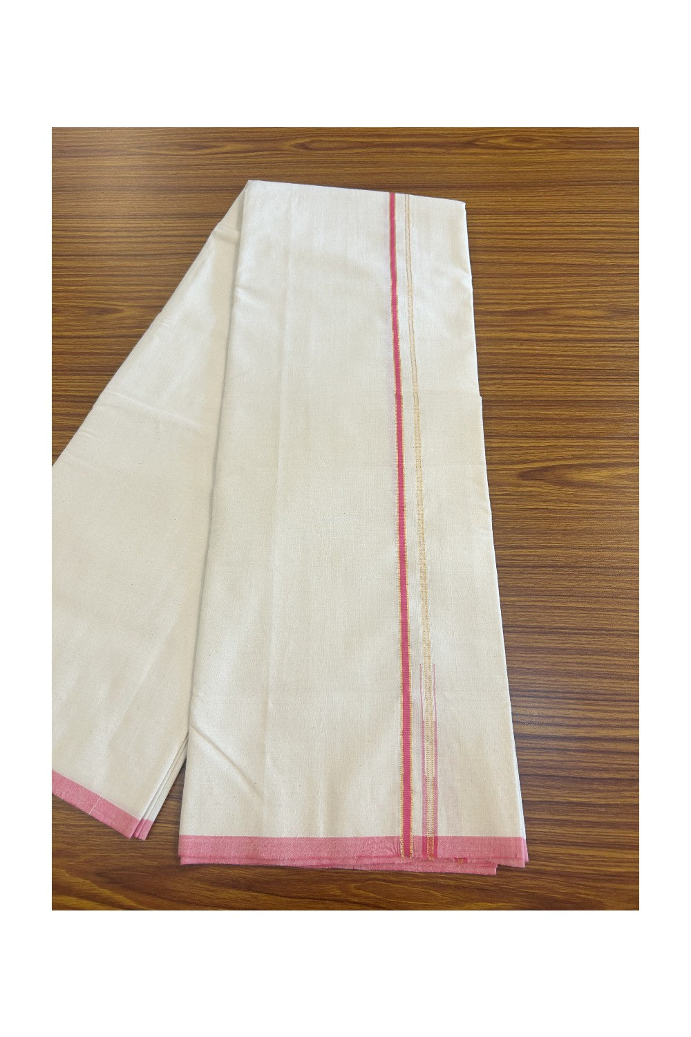 SIGNATURE KAITHARIKADA EXCLUSIVE SINGLE DHOTI - 30% Discount! 100% Cotton Balaramapuram HANDLOOM Single Mundu/Dhoti - Off White - (Unbleached) 0.25 Inch PINK & KASAVU Chutty Kara (2 meter / 4 muzham) - 1KK502KK
