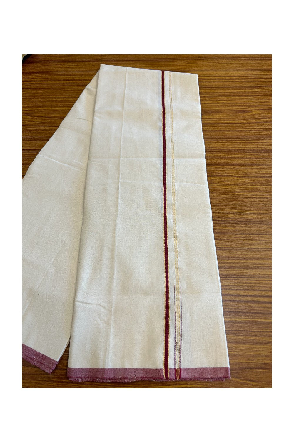 SIGNATURE KAITHARIKADA EXCLUSIVE SINGLE DHOTI - 100% Cotton Balaramapuram HANDLOOM Single Mundu/Dhoti - Off White 0.25 Inch Maroon & KASAVU Chutty Kara- 1KK5034KAI