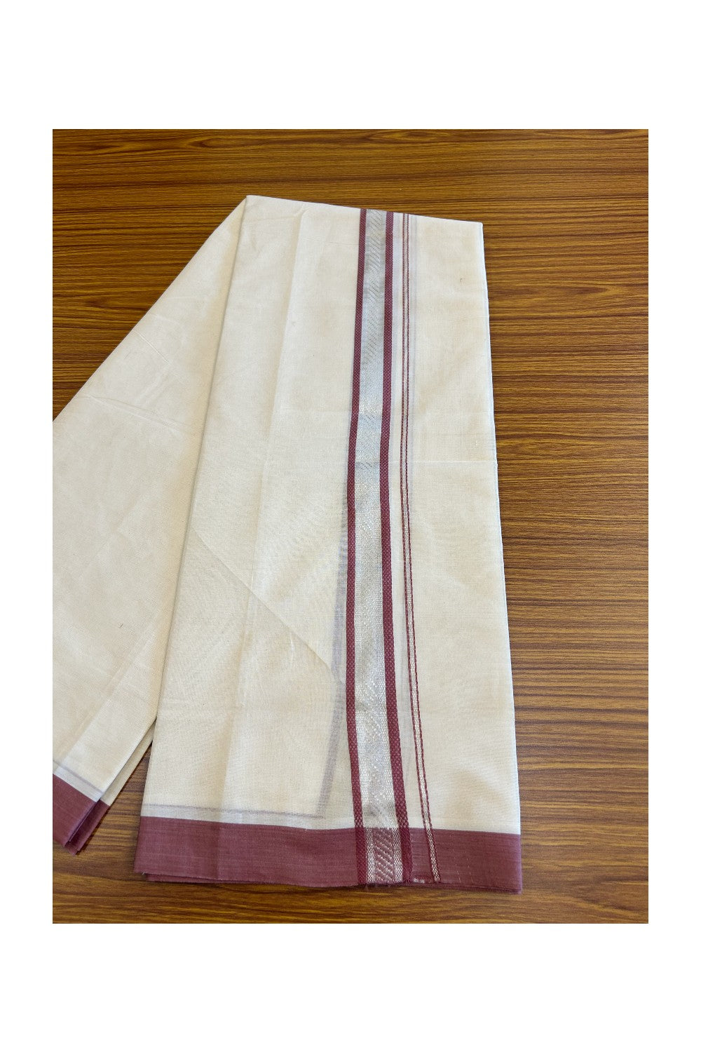 25% Discount!!! KaithariKada Balaramapuram Double Off white - (Unbleached) Mundu/Dhoti - 80X90 - 2.25 inch SILVER KASAVU & Dusty maroon pattern Kara - 1KK5037KAI