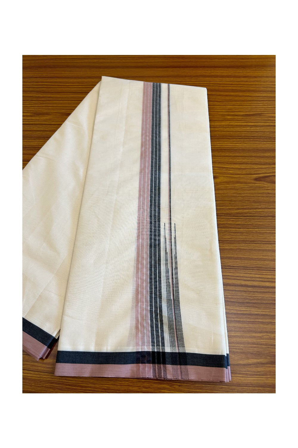 5% Discount!!! KaithariKada Balaramapuram Double Off white - (Unbleached) Mundu/Dhoti - 80X90 - 1.75 inch Black Pink & Silver Striped puliyilakkara chutty Striped Kara- 15KK5037KAI