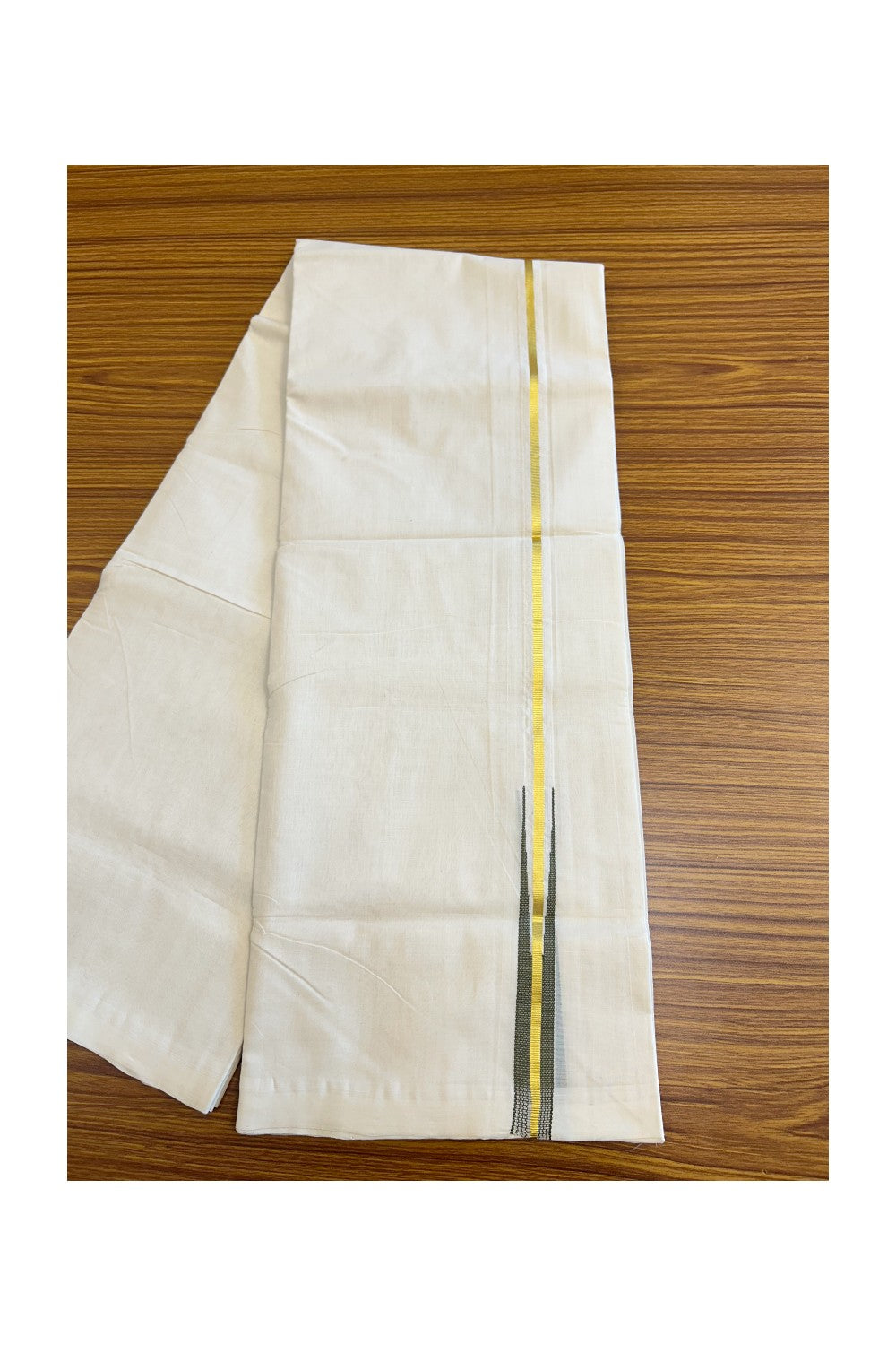 30% DISCOUNT!! KaithariKada HANDLOOM Unakkupaav Balaramapuram - 100% PURE Cotton OFF White (Unbleached) Double Mundu/Dothi - Kasavu dark olive green puliyilakkara Chutty - 2KK86RAM