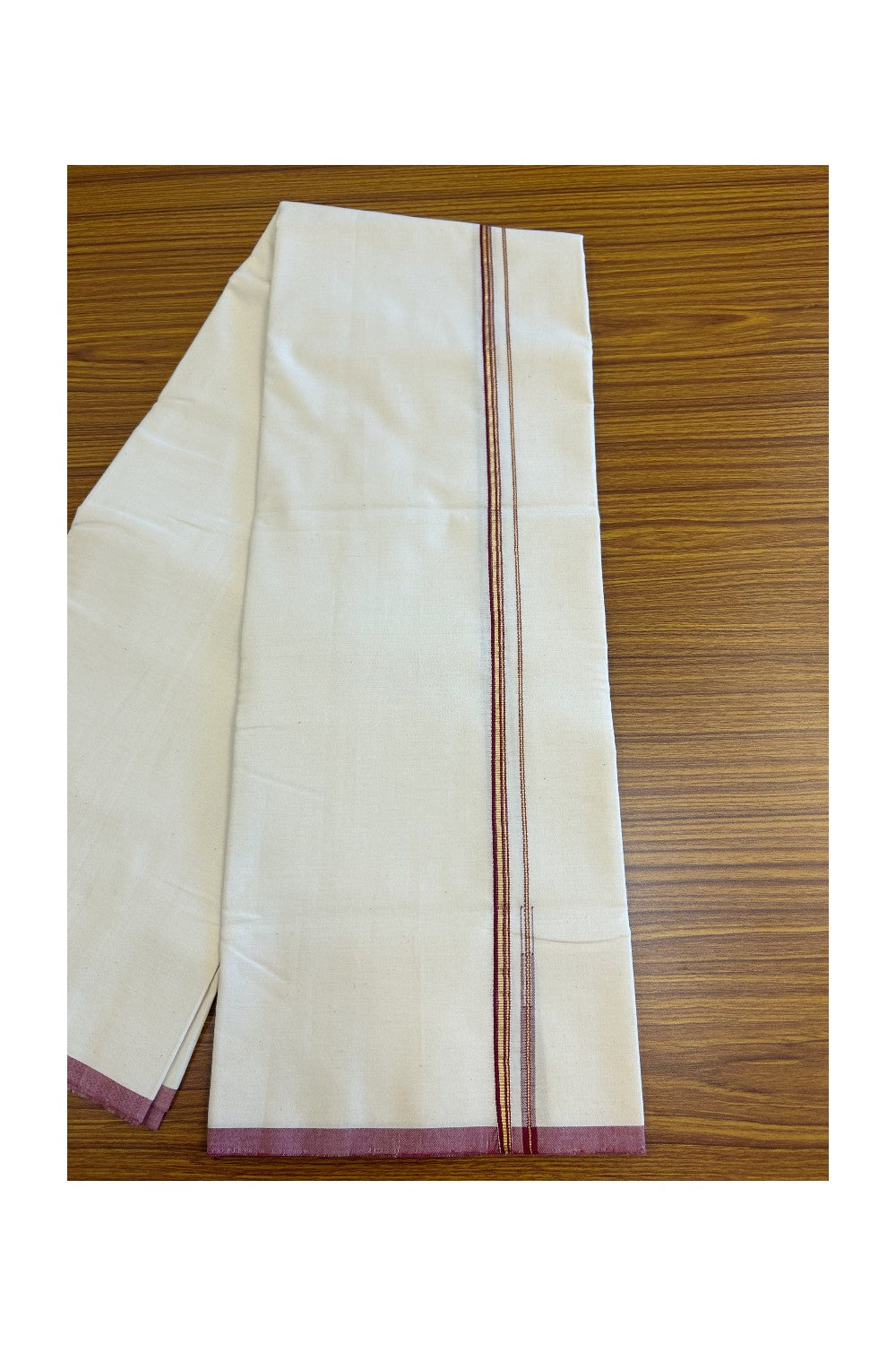 SIGNATURE KAITHARIKADA EXCLUSIVE SINGLE DHOTI - 100% Cotton Balaramapuram HANDLOOM Single Mundu/Dhoti - Off White - (Unbleached) 1 cm Maroon & KASAVU Striped Chutty Kara (2 meter / 4 muzham)- 1KK5075KAI