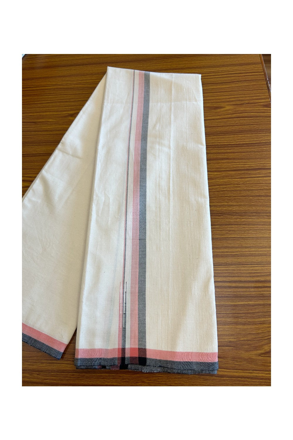SIGNATURE KAITHARIKADA EXCLUSIVE SINGLE DHOTI - 100% Cotton Balaramapuram HANDLOOM Single Mundu/Dhoti - Off White - (Unbleached) 1 inch Peach & Black Chutty Kara (2 meters /4 muzham) - 1KK5078KAI