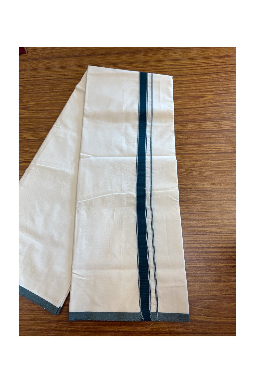 20% DISCOUNT ! KaithariKada Balaramapuram 100% COTTON SINGLE OFF WHITE - (Unbleached) Mundu/Dhoti-Twisted 100s Thread- 1.5 Inch Dark Green Striped Kara (2 metre / 4 muzham) - 1KK5079ASH