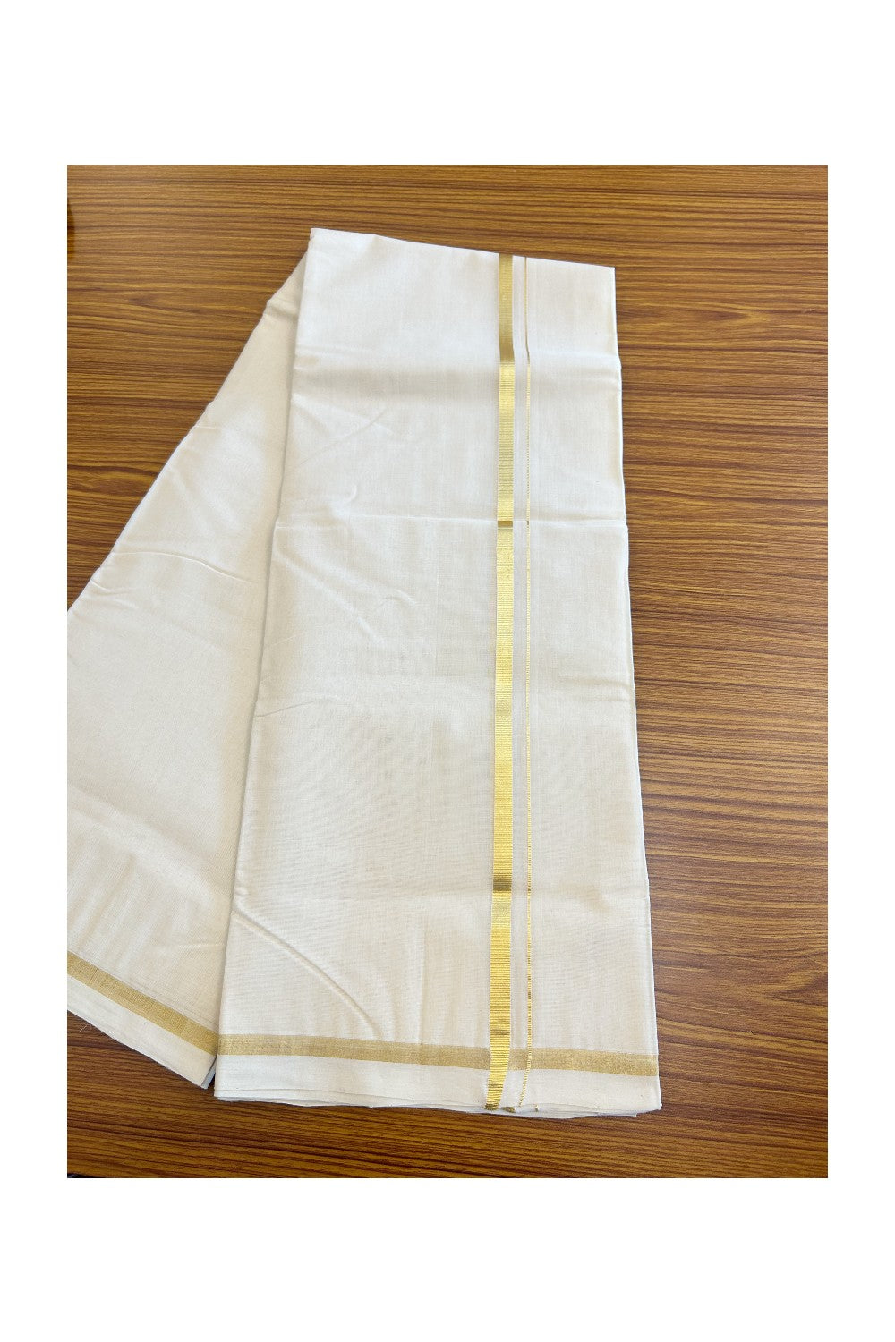 25% Discount !! KaithariKada HANDLOOM Millpaav Balaramapuram - 100% PURE Cotton Off white (Unbleached) Double Mundu/Dhoti - 1 inch Kasavu Kara - 1KK5082RAM