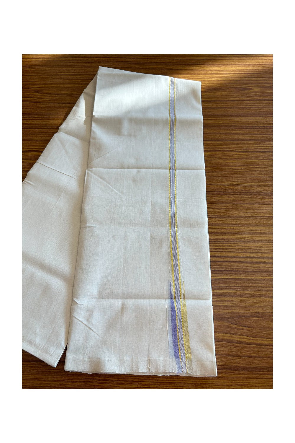 25% DISCOUNT!! KaithariKada HANDLOOM Unakkupaav Balaramapuram - 100% PURE Cotton OFF White Double - (Unbleached) Mundu/Dothi - 0.75 inch puliyilakkara Lavender & Gold Kasavu Chutty Kara- 1KK5089YAR