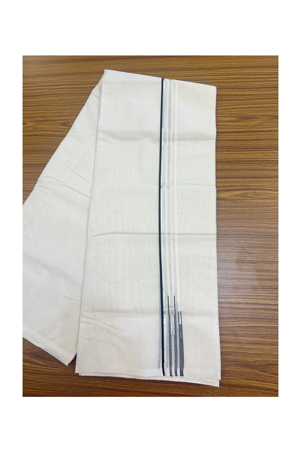 19% Discount !! KaithariKada Balaramapuram 100% Cotton Double OFF WHITE (Unbleached) - Mundu/Dhoti-100x100 1 cm Puliyilakkara Chutty Silver Kasavu & Black double chutty Kara- 1KK5158ASH
