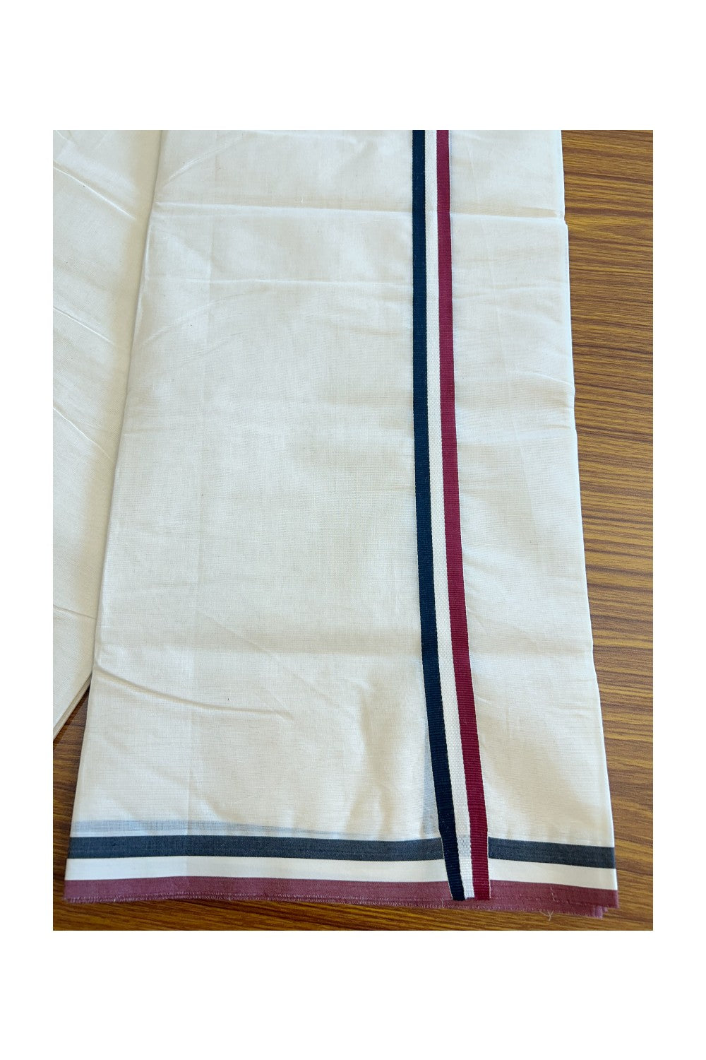 ADMK VESHTI - 20% DISCOUNT! KaithariKada 100% Cotton off white Double - (Unbleached) Mundu/Dhoti - 100X100 - 0.75 inch Black White & Maroon kara - 1KK5126ASH