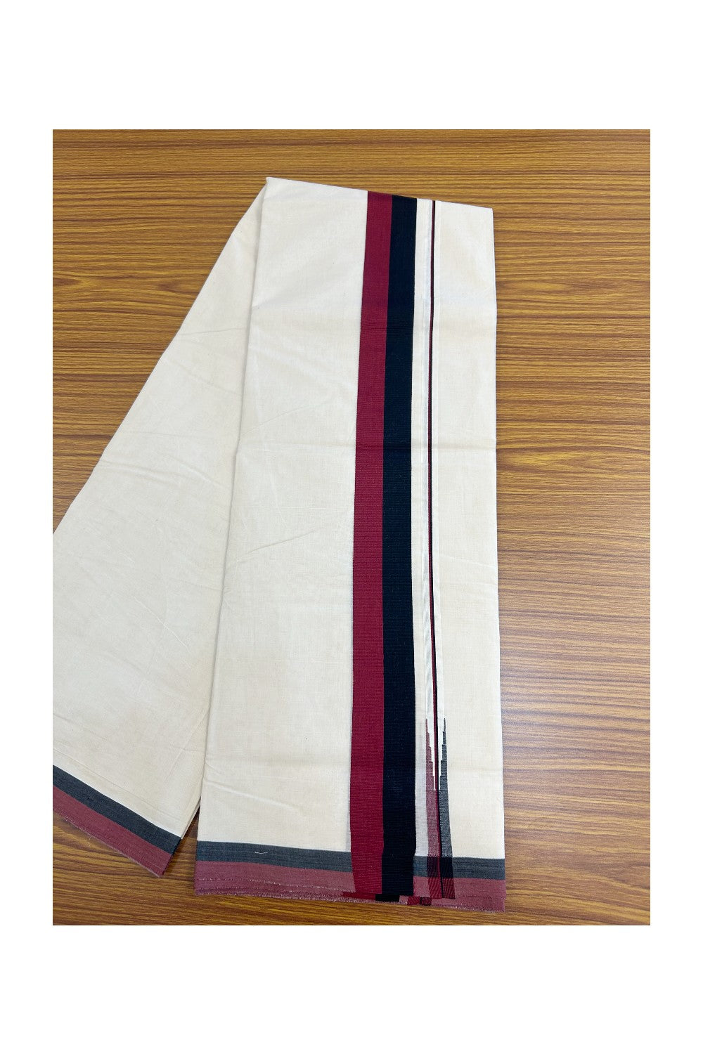 DMK Veshti - 20% DISCOUNT! KaithariKada 100% Cotton off white Double - (Unbleached) Mundu/Dhoti - 100X100 - 2 inch Puliyilakkara Black & Maroon Chutty kara - 1KK5138ASH