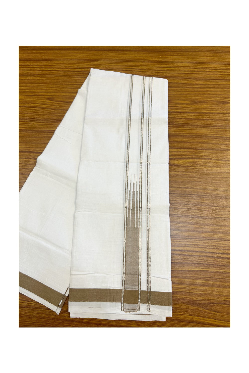 25% DISCOUNT! KaithariKada Balaramapuram 100% Mercerised Cotton Double ULTRA PURE white Mundu/Dhoti - 120x120 - 1.75 inch Heavy Chutty Silver Kasavu & Peanut Brown Kara - 1KK5139THI