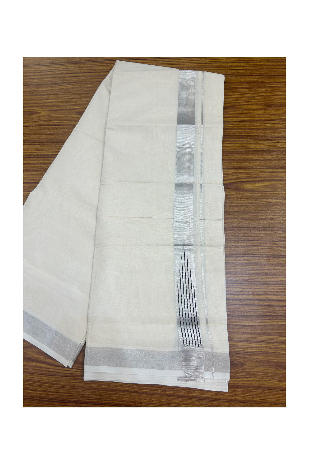 37% DISCOUNT! KaithariKada Balaramapuram 100% Cotton Double Off white (Unbleached) Mundu/Dhoti - 100x80 - 1.5 inch Silver Kasavu Black striped temple chutty kara - 130 KK5258 THI