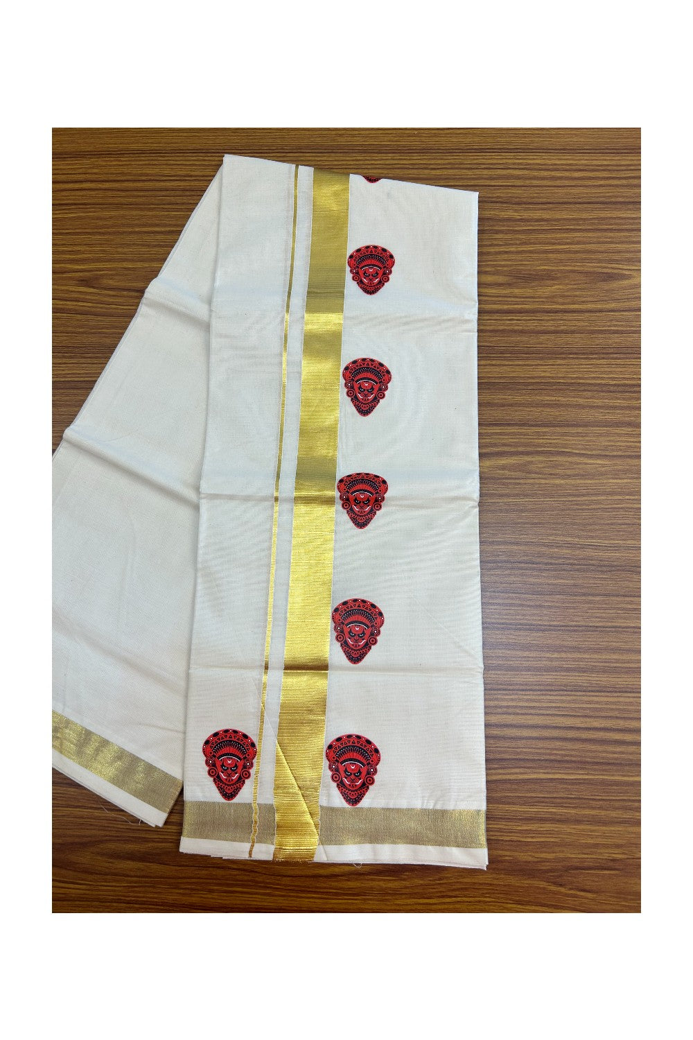 23% Discount!! KaithariKada Balaramapuram Mixed Cotton DOUBLE OFF WHITE - (Ubleached) Mundu/Dhoti - 80x72 - 1.25 inch Kasavu & Theyyam Printed Design Kara - 1KK5171GAN