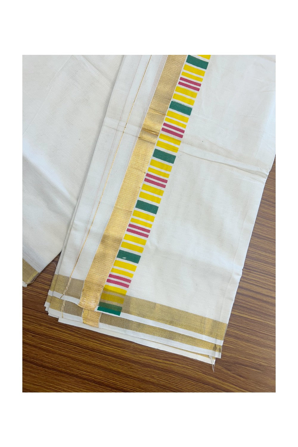 20% DISCOUNT! KaithariKada Balaramapuram 100% Cotton off white - (Unbleached) Double Mundu/Dhoti - 80X72 Cotton mix - 2.25 inch Yellow , majenta & Green striped Gold kasavu kara - 1KK5172PMC