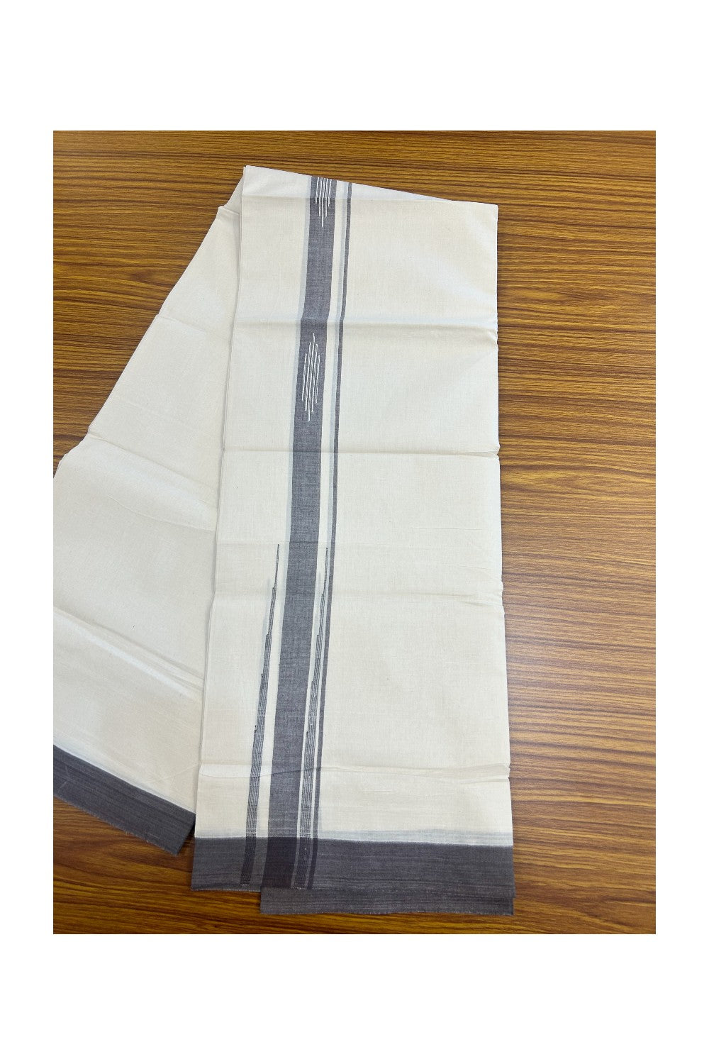 25% DISCOUNT! KaithariKada Balaramapuram Double OFF WHITE 100% Cotton Mundu/Dhoti - 100x80 - 1.5 inch Putta Design Brown chutty kara - 1KK5174THI