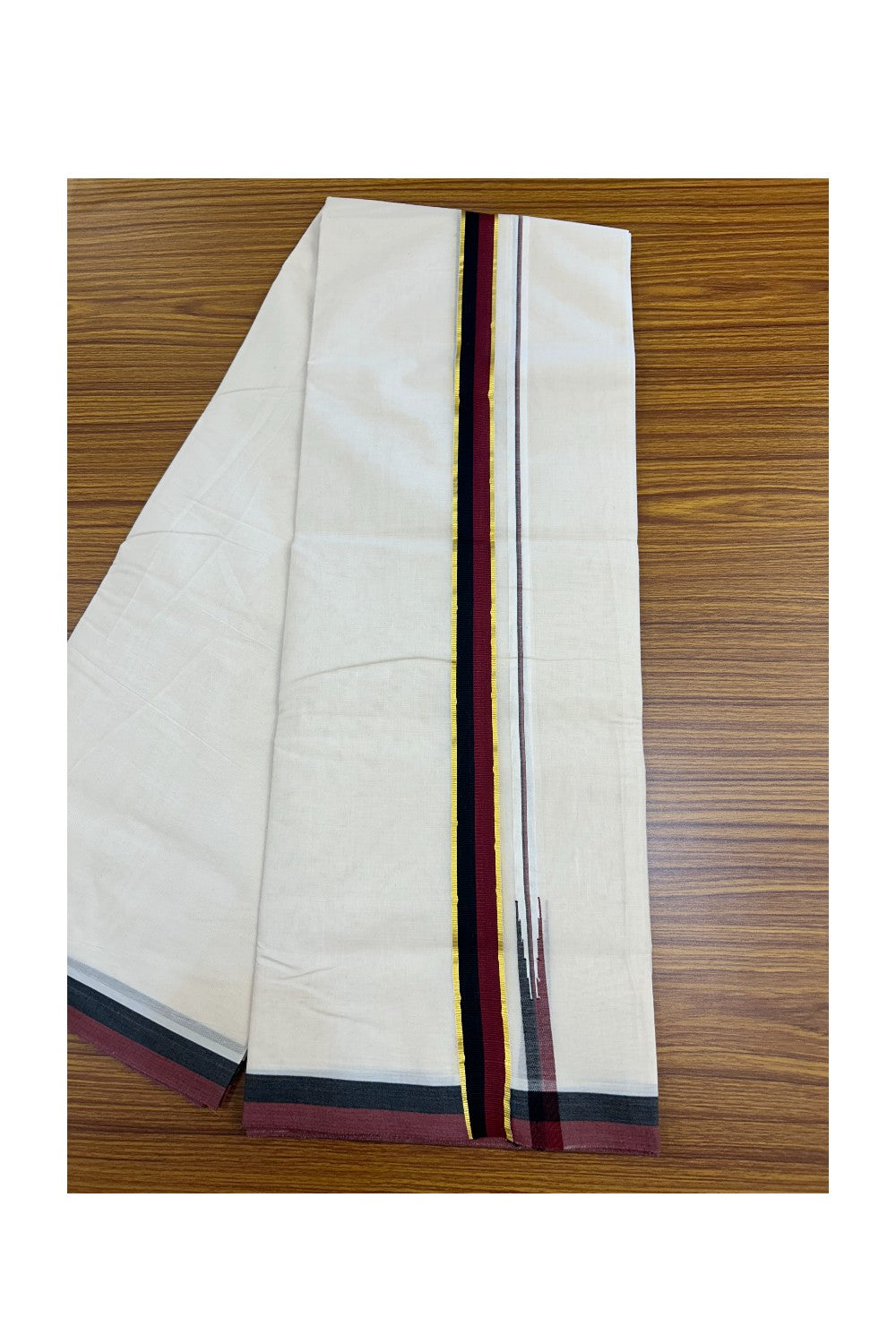 DMK Veshti - 20% Discount !! KaithariKada Balaramapuram Double Off white - (Unbleached) Mundu/Dhoti - 100X100 - 3 cm Puliyilakkara Kasavu Maroon & Black Chutty Kara 4 meters (8.5 Muzham) - 1 KK5185 ASH