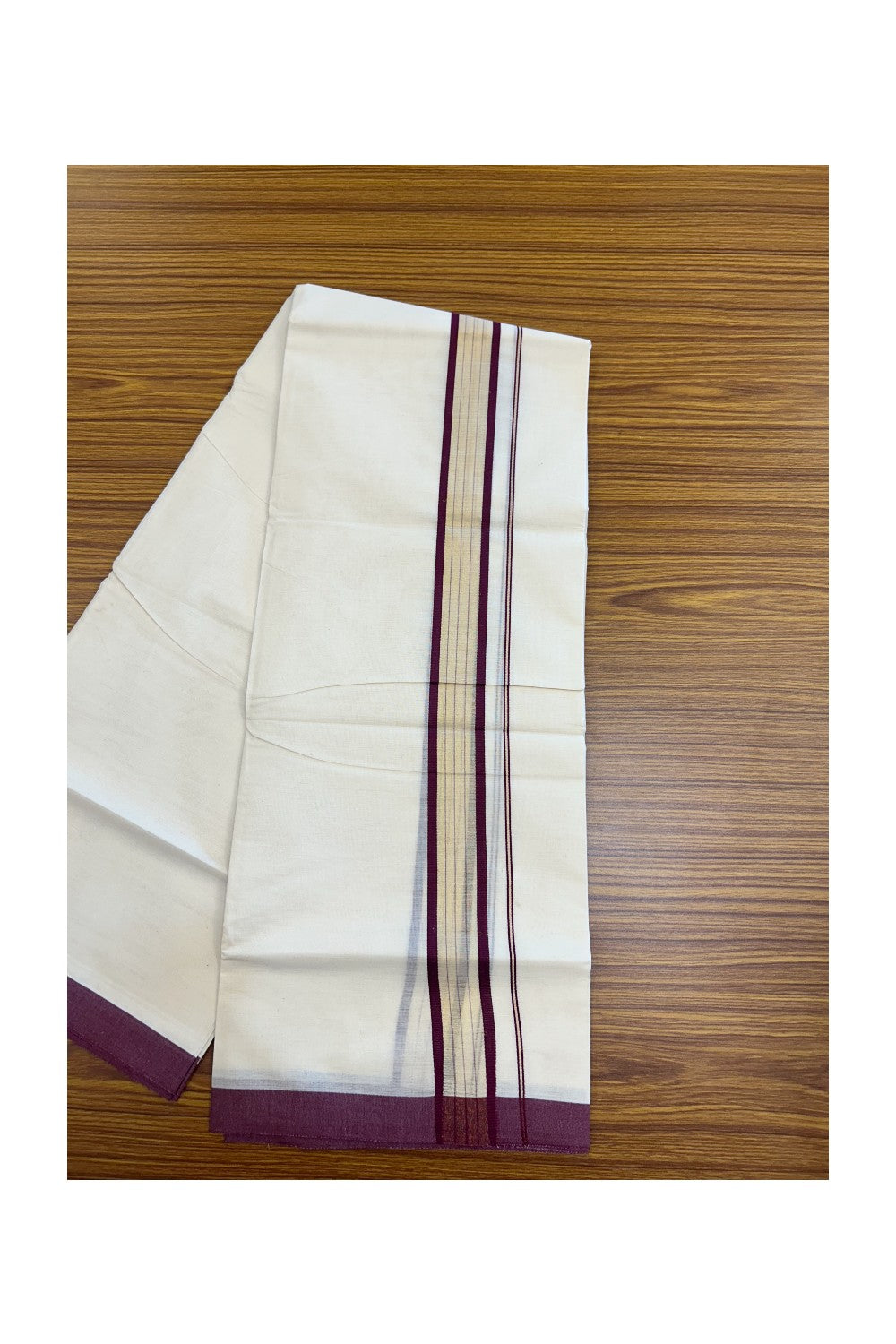20% DISCOUNT! KaithariKada Balaramapuram Double OFF WHITE Mundu/Dhoti - 80x90 - 1.5 Inch Tissue Wine purple striped Kara - 1KK5182VAS