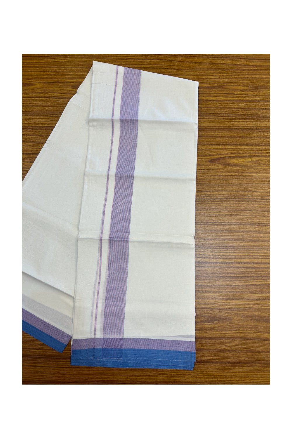 20% Discount ! Kaitharikada Balaramapuram 100% Cotton PURE WHITE Double Mundu/Dothi - 100x80 - 1.5 inch Blue & Pink Striped Kara - 1KK5183VIN