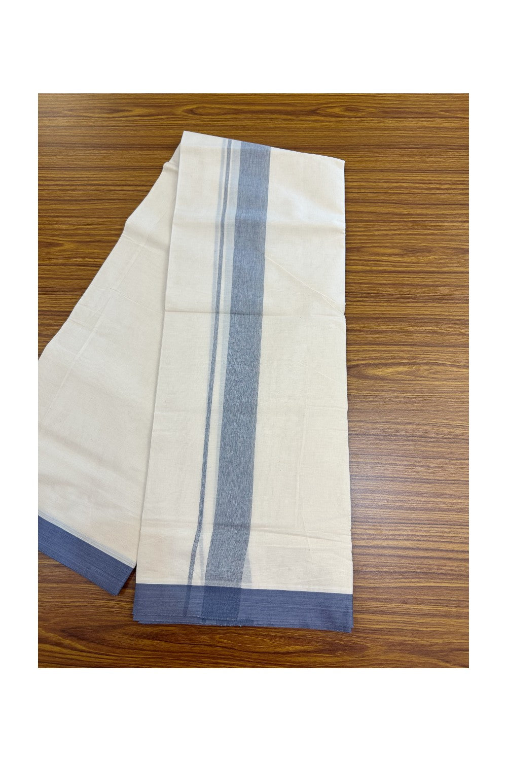 20% Discount ! Kaitharikada Balaramapuram 100% Cotton Double Off white (Unbleached) Mundu/Dhoti - 100x80 - 1.75 inch Blue shaded Kara - 1KK5186CKS