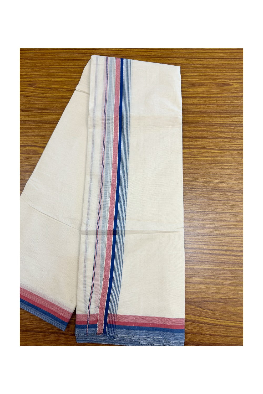20% DISCOUNT! KaithariKada Cotton OFF White - 100x80 thread- NORTH INDIAN ATTACHED GAMCHA - 9X5 Dhoti - 1.5 inch Silver Kasavu Peacock Blue & Magenta Stripes Kara - 1KK5189PMC