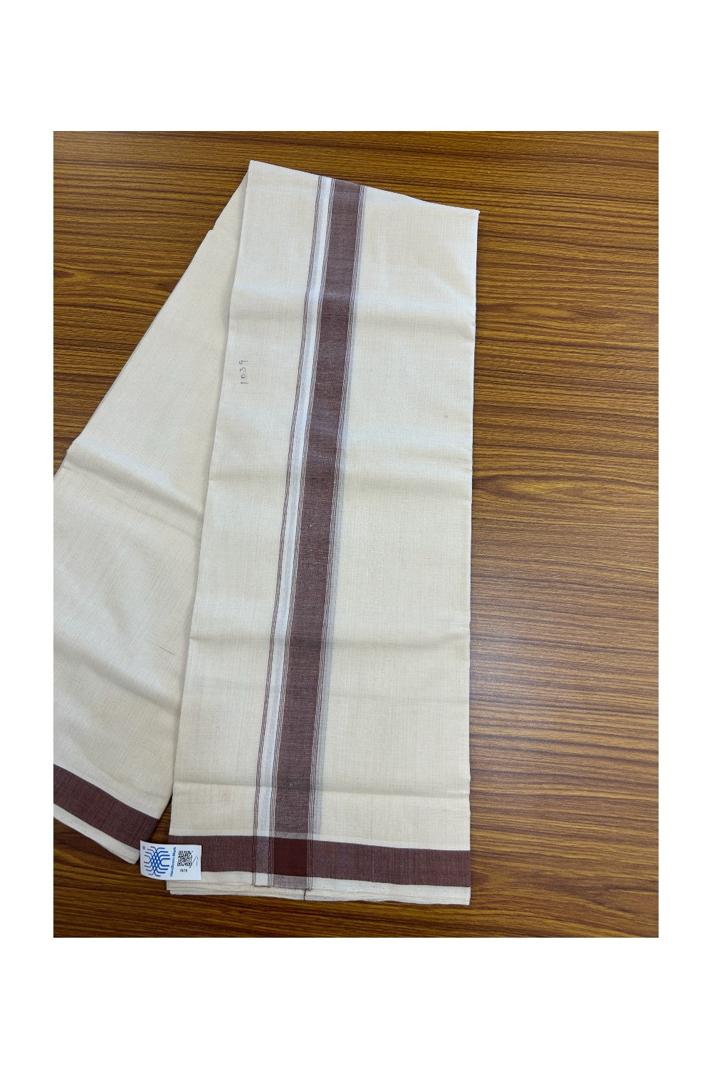 25% Discount KaithariKada HANDLOOM Unakkupaav Balaramapuram - 100% PURE Cotton off white (Unbleached) Double Mundu/Dhoti - 80X90 - 1.25 inch Brown Stripes Kara 3.80 mtr - 1KK5192ELA