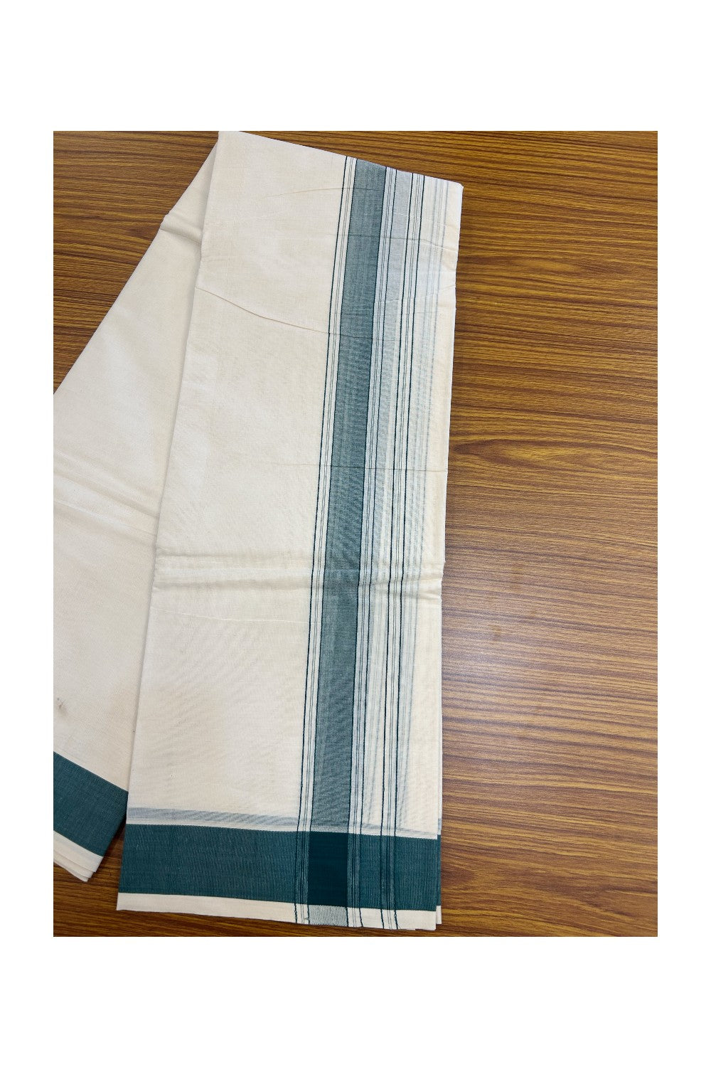 20% Discount KaithariKada 100% Cotton Off White - (Unbleached)- Pure Cotton - 100x100 thread - NORTH INDIAN ATTACHED GAMCHA 9X5 Dhoti Dark Green STRIPED 1.75 inch kara - 1KK5196PMC