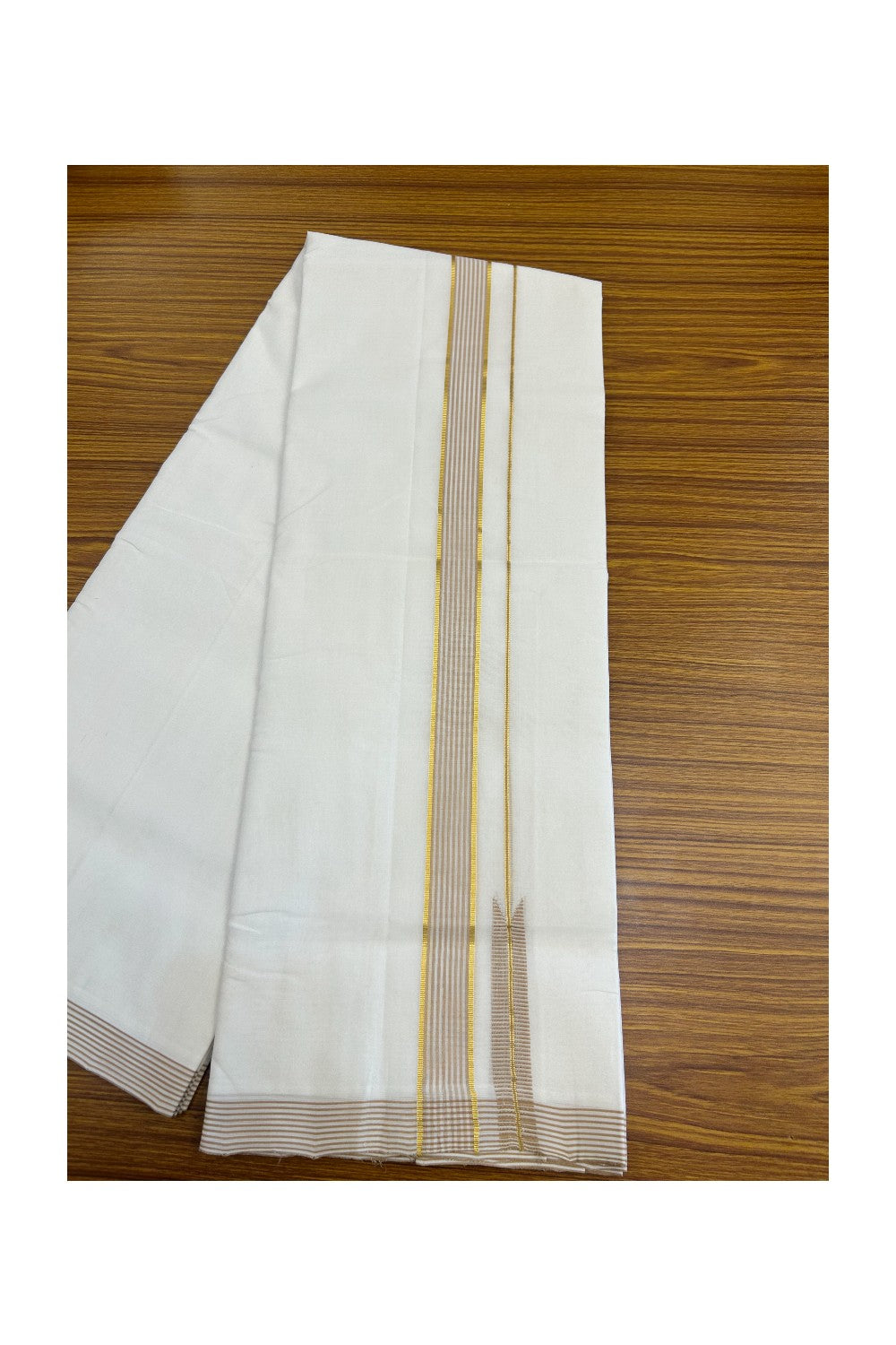 25% Discount!! NEW ULTRA PURE WHITE HANDLOOM Balaramapuram - 100% Mercerised Cotton Double Mundu/Dhoti - 120 twisted warp x 80s weft - 1.25 inch Puliyilakkara Gold Kasavu & Sand Brown Striped Chutty Kara- 1KK5200REA