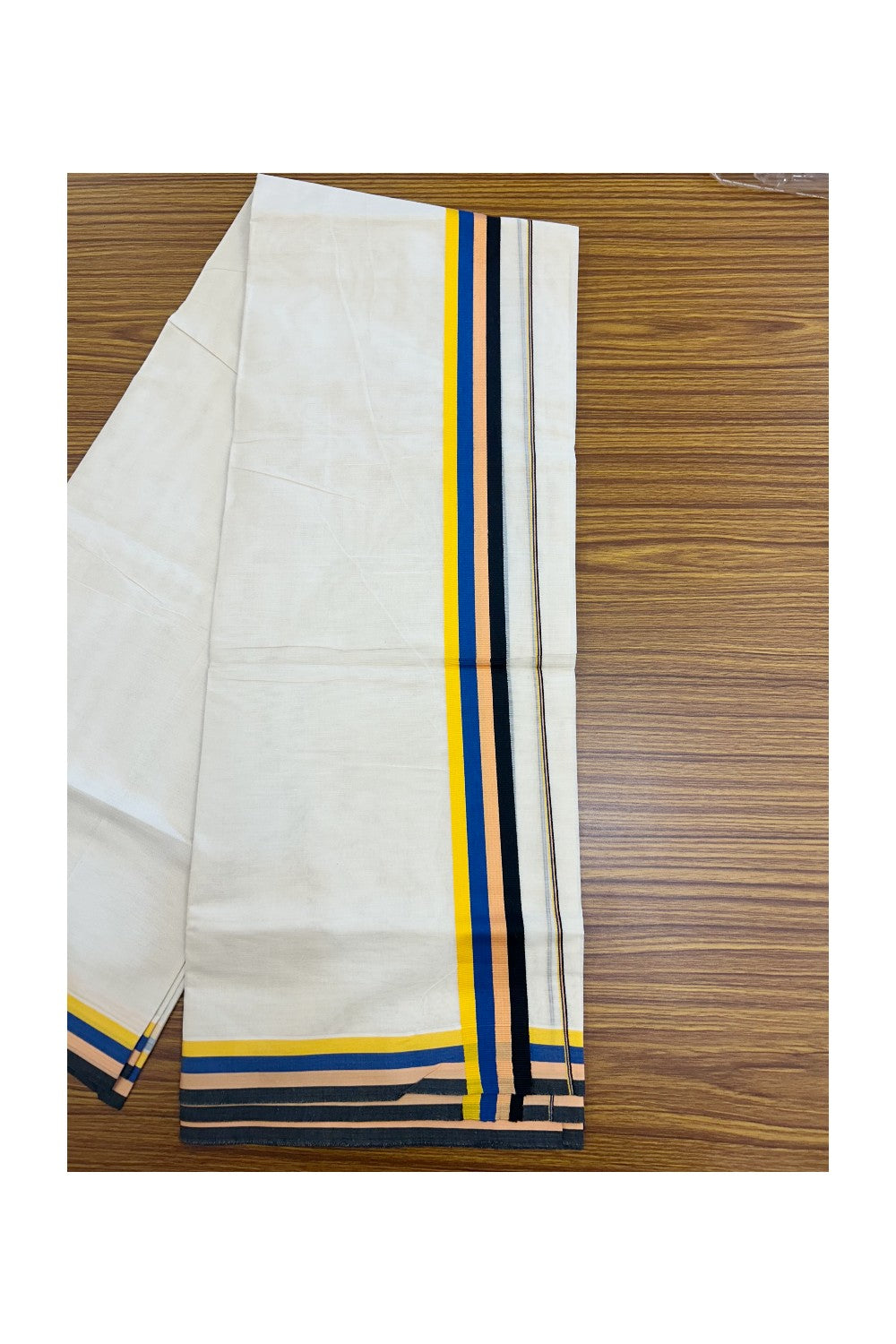 19% DISCOUNT ! KaithariKada Balaramapuram 100% Cotton off white (Unbleached) Double Mundu/Dhoti - 100X80 - 1.25 inch Multi Colour kara - 1KK5202PMC