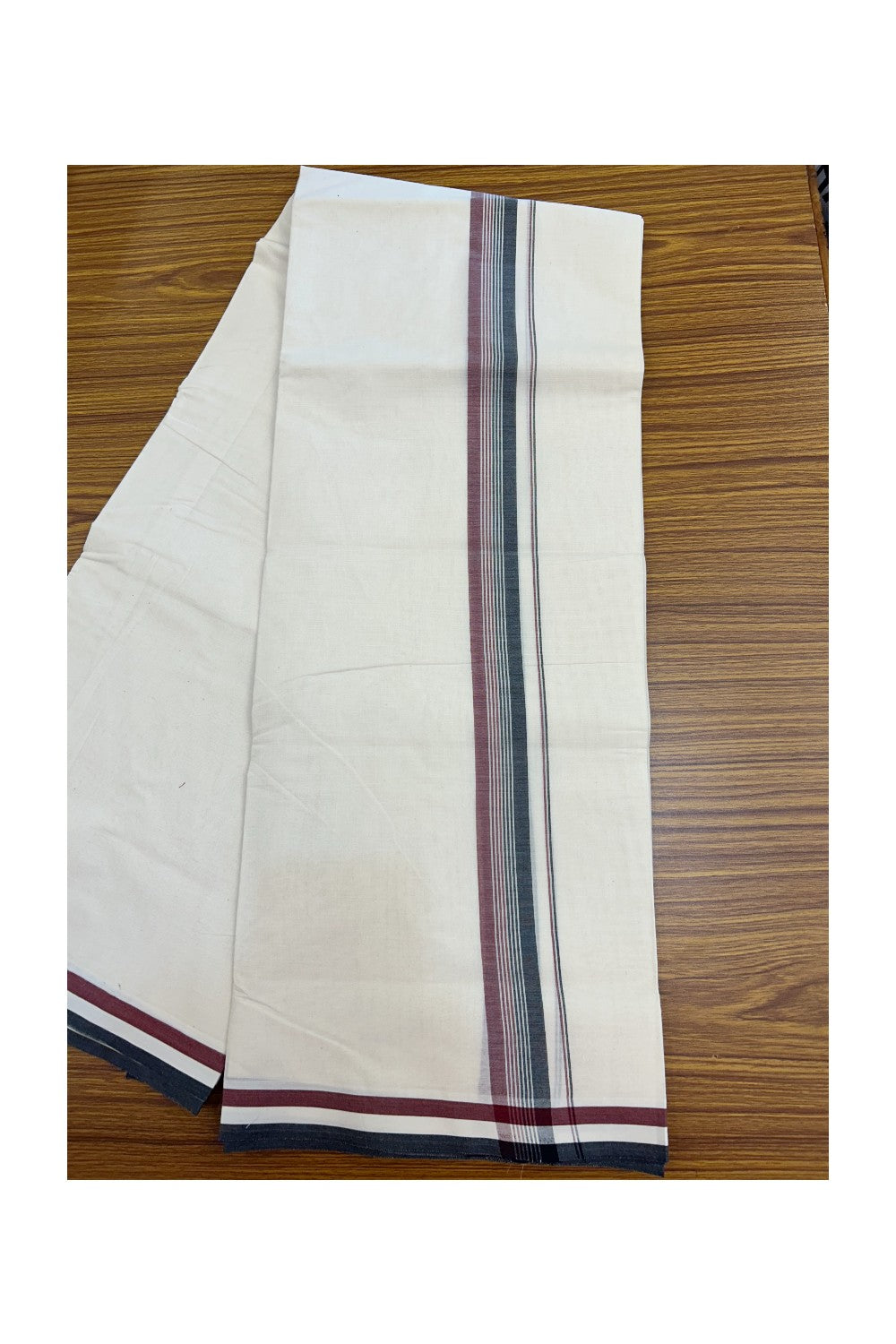 ADMK VESHTI - 21% DISCOUNT! KaithariKada 100% Cotton off white Double - (Unbleached) Mundu/Dhoti - 100X100 -1.25 inch inch Black Maroon & White Striped kara - 1KK5204 ASH