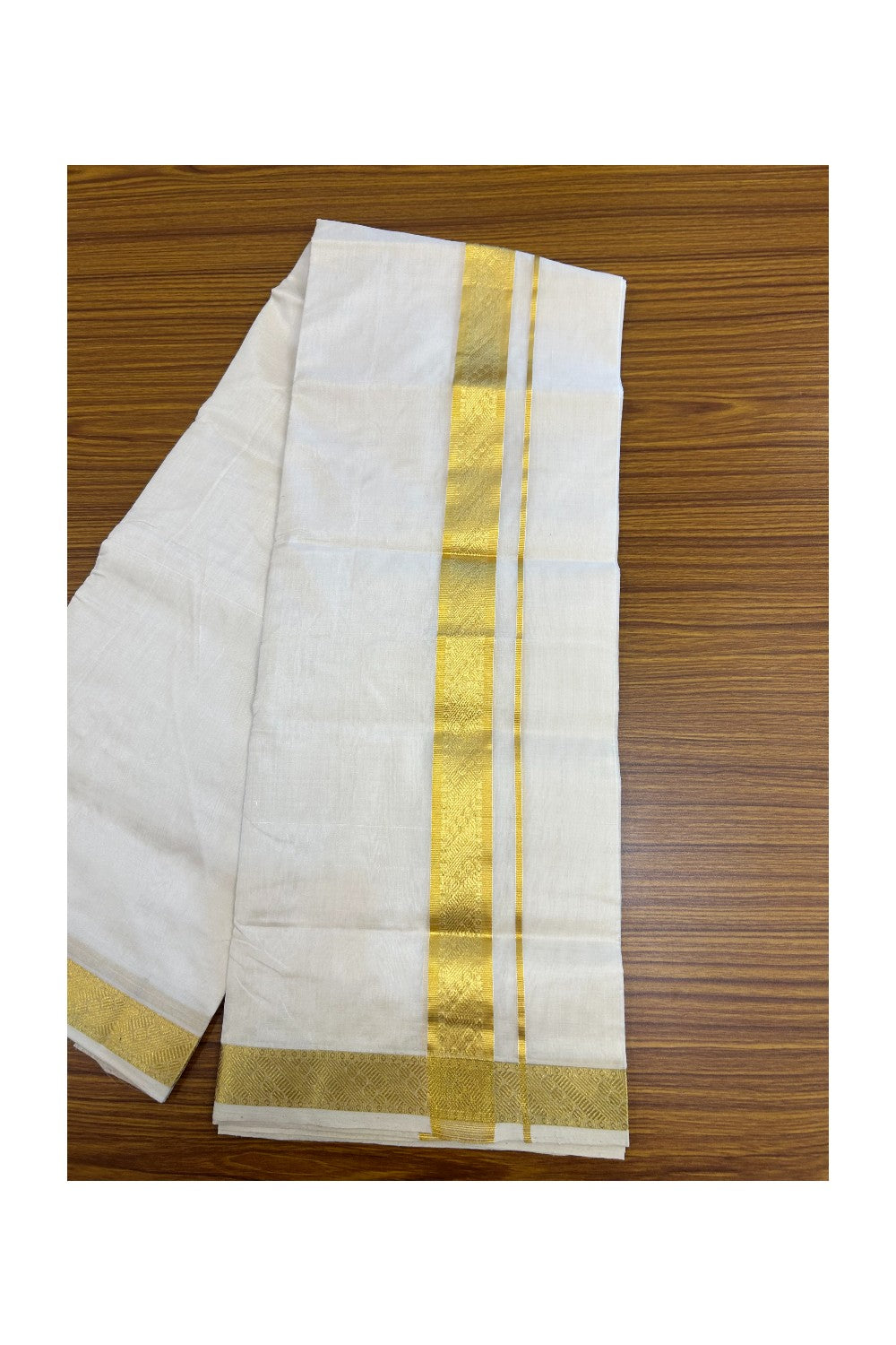HANDLOOM Pure SILK Dhoti NEW! 25% DISCOUNT from Kaitharikada.com - BALARAMAPURAM Handloom Unakkupaav - Pure White - Double Mundu/Dhoti - 100x100 - Pure cotton + Silk - 1.5 inch Gold Kasavu Designer Kara - 1KK5206 ABH