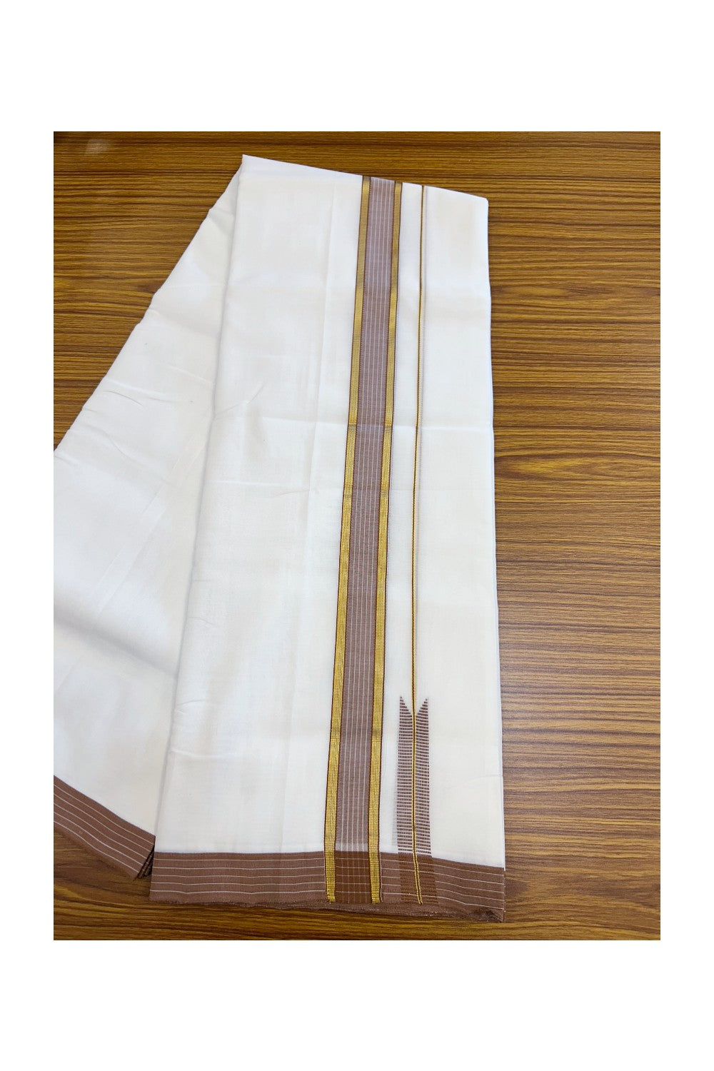 25% Discount! NEW ULTRA PURE WHITE HANDLOOM Balaramapuram - 100% Mercerised Cotton Double Mundu/Dhoti - 120 twisted warp x 80s weft - 1.5 inch Puliyilakkara Gold Kasavu & Sand Brown Striped Chutty Kara- 1KK5209 REA