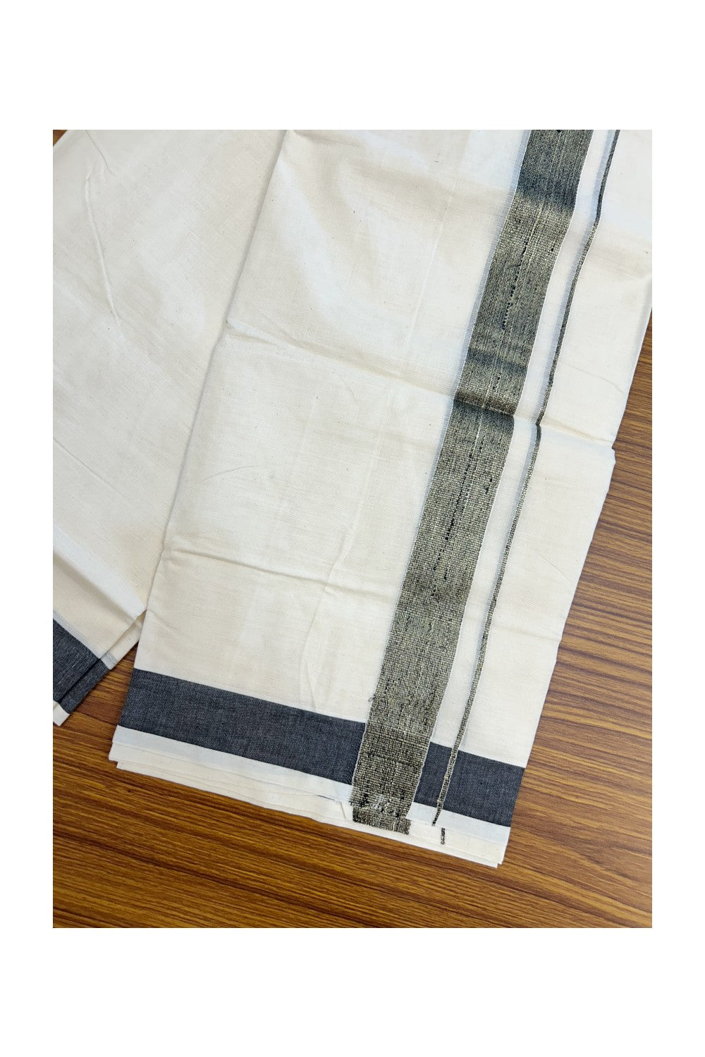 20% DISCOUNT ! KaithariKada Balaramapuram Mixed Cotton OFF WHITE (Unbleached) Double Mundu/Dhoti - 60s Thread Mixed Cotton - 1.5 inch Black & Gold Kasav Kara - 1KK5213 VIN