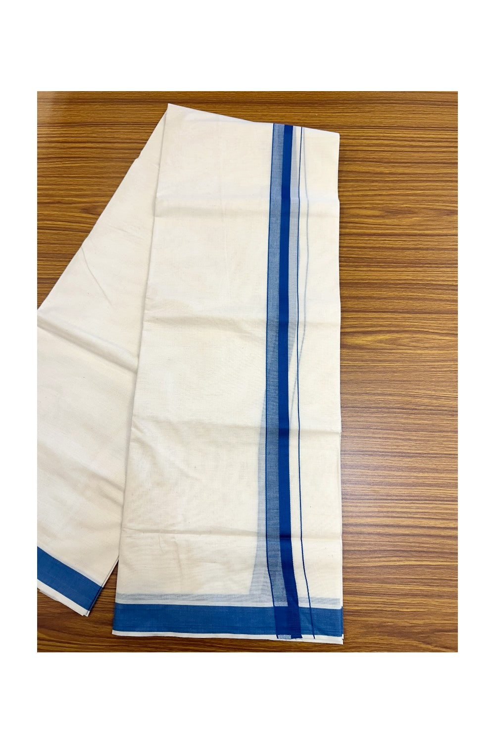 24% Discount ! KaithariKada Balaramapuram 100% Cotton Double OFF WHITE- (Unbleached) - Mundu / Dhoti- 100x80 - 1.5 inch Peacock Blue Kara - 1KK5214 MC