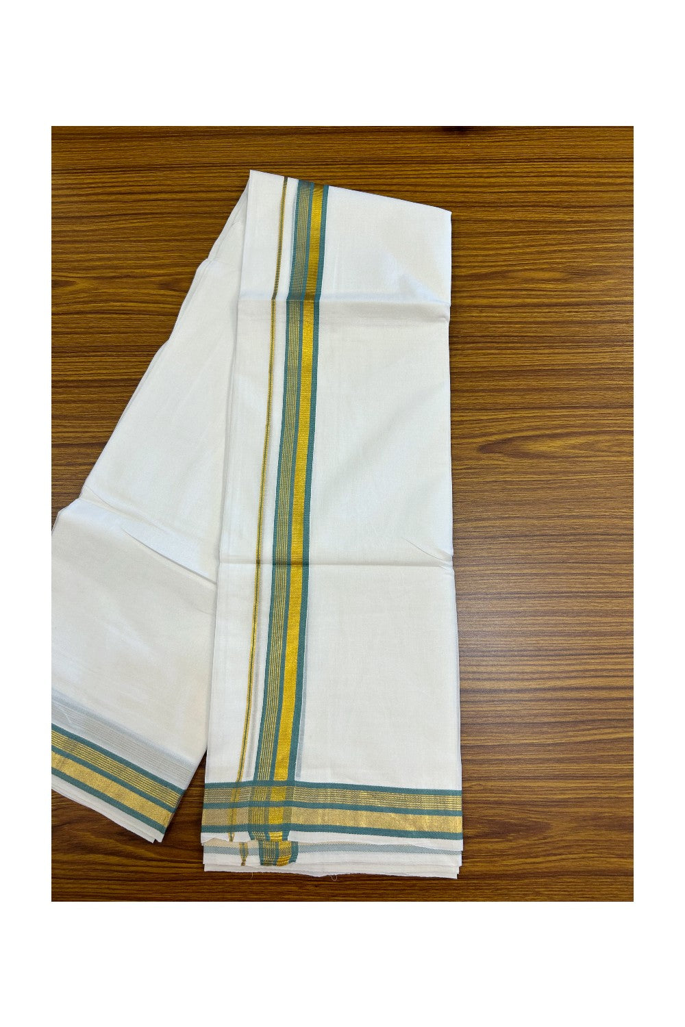 16% DISCOUNT! KaithariKada Balaramapuram 100% MERCERISED Cotton Double ULTRA PURE WHITE Mundu/Dhoti - 100x100 1.25 inch Cadet Blue & Kasavu Stripes Kara - 1KK5221 GAN