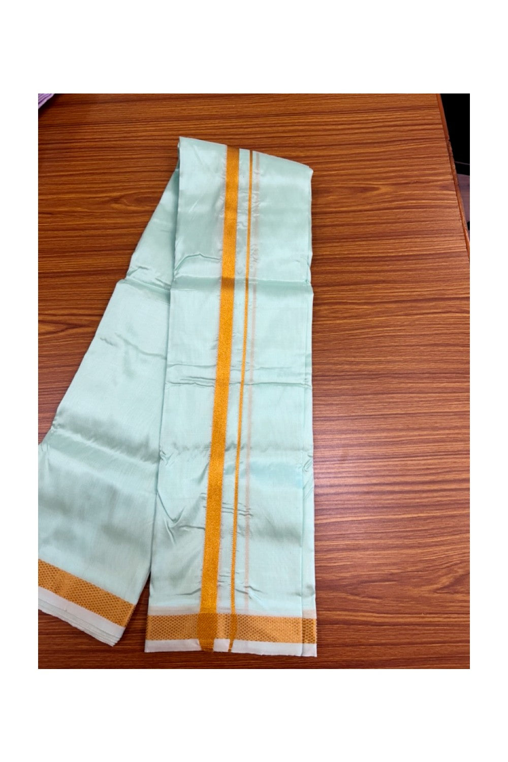 12% Discount!! KaithariKada Balaramapuram 100% Silk Double Mundu/Dhoti - Turquoise Green Colour Body - 0.75 inch Gold Kasavu Kara 3.60 mtr (8 muzham) - 1KK5222 GAN