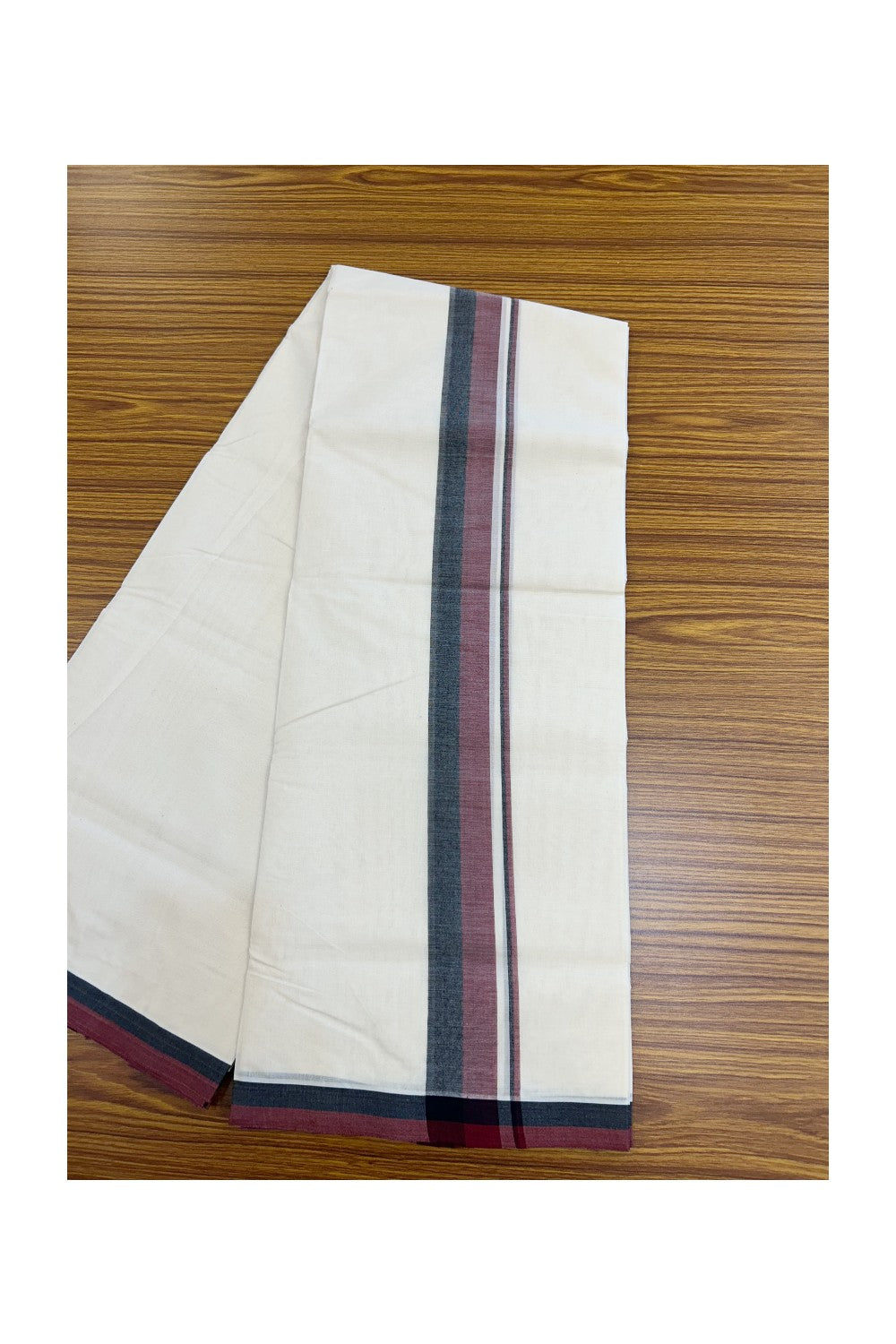 DMK Veshti - 20% DISCOUNT! KaithariKada 100% Cotton off white Double - (Unbleached) Mundu/Dhoti - 100X100 - 1.75 inch Black & Maroon shaded kara - 4 mtr (8.5 muzham)- 1KK5228 ASH