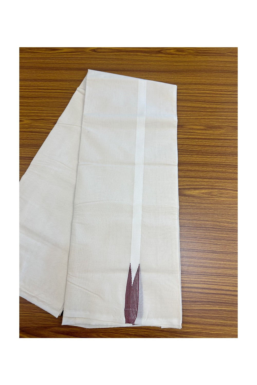 20% DISCOUNT ! KaithariKada Balaramapuram 100% COTTON Double OFF WHITE (Unbleached) Mundu/Dhoti- 100x100 - 0.75 inch Puliyilakkara Maroon Striped Chutty Kara - 4mtr (8.5 muzham)- 1KK5238 ASH