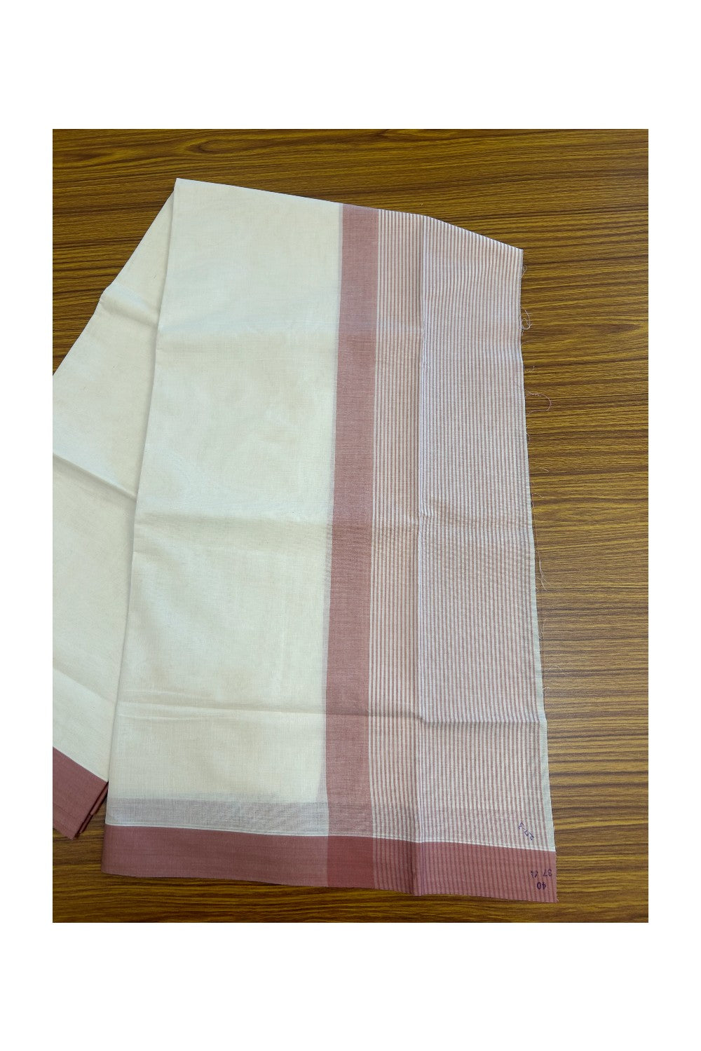 21% DISCOUNT! KaithariKada Balaramapuram 100% Cotton OFF WHITE (Unbleached) Double Mundu/Dhoti - 100x80 - 7.25 inch Dusty Rose Stripes Kara 4 mtr (8.5 muzham) - 1KK5243 PMC