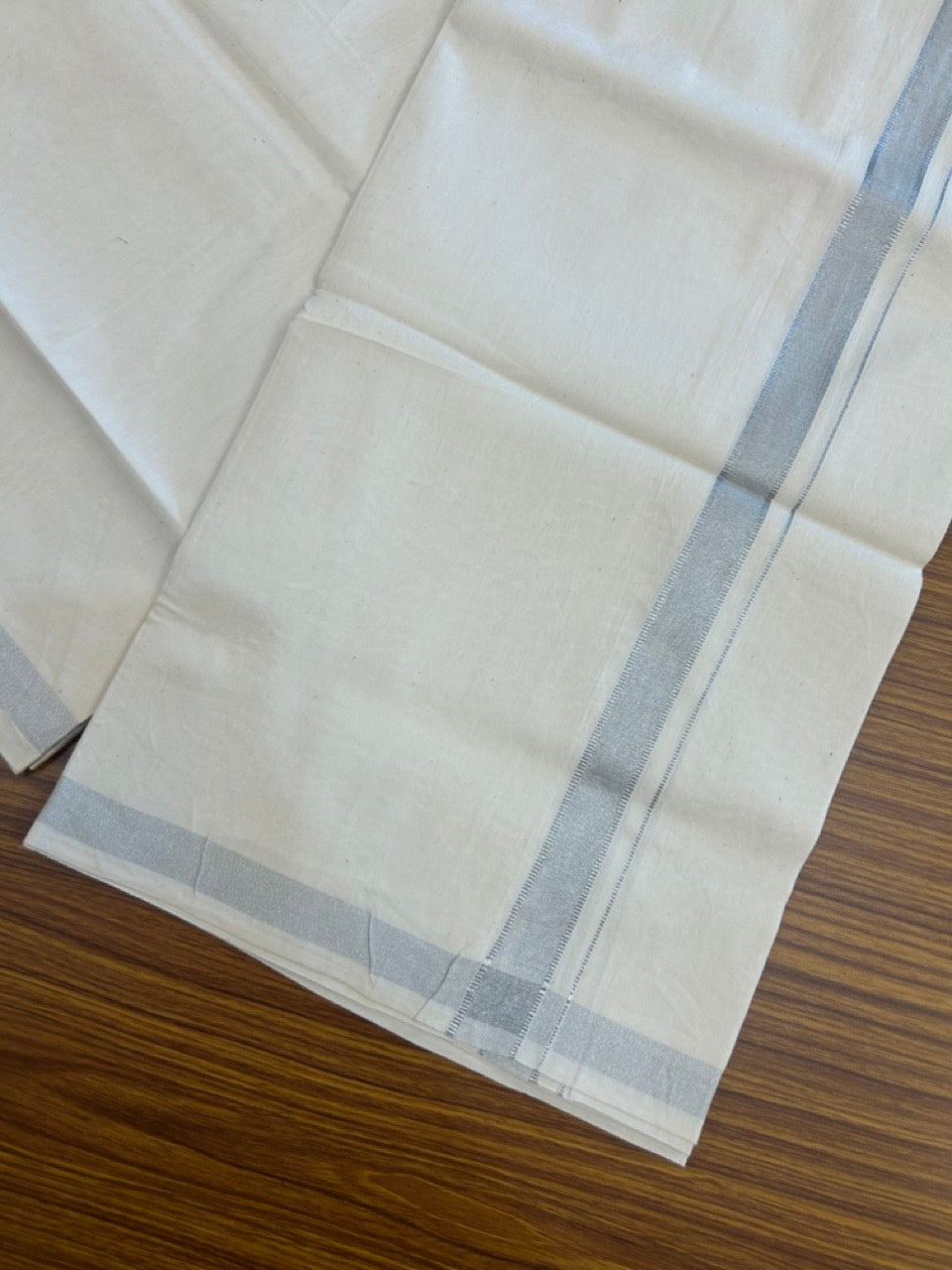 24% Discount !! KaithariKada Balaramapuram 100% Cotton Off white Single Mundu/Dhoti - Twisted 60s Thread- 0.75 inch Silver Kara (2 meter / 4 muzham) - 1 KK5245 GL