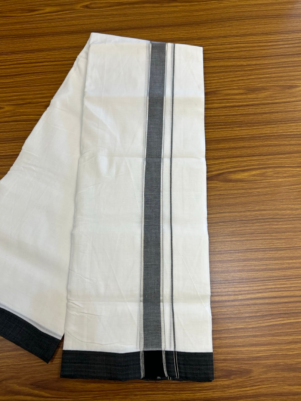 25% Discount!! NEW ULTRA PURE WHITE HANDLOOM Balaramapuram - 100% MERCERISED Cotton Double Mundu/Dhoti - 120 twisted warp x 80s weft - Black & Silver Kasav Kara- 1KK5248 REA