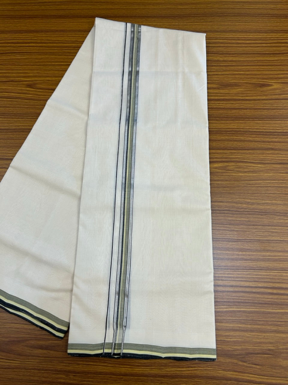 25% DISCOUNT!! KaithariKada HANDLOOM UNAKKUPAAV Balaramapuram - 100% PURE Cotton OFF White - (Unbleached) Double Mundu/Dothi - 120 x 100 - 0.75 inch Black & Light Green Silver Kasav Striped Kara 4 meter - 1 KK5249 REA