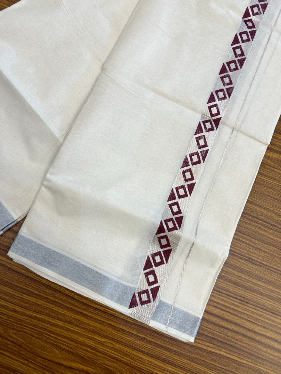 KaithariKada 100% Cotton Double 4 meter Off white - (Ubleached) Mundu / Dhoti - 100x80 1 inch Silver Kasavu & Printed Tribal - 1 KK5262 MUT