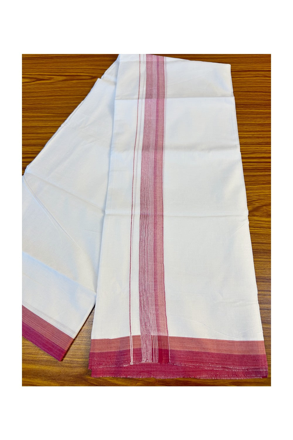 21% DISCOUNT!! Kaitharikada Balaramapuram 100% Cotton PURE WHITE Double Mundu/Dothi-100x80 2.25 Inch PINK & WHITE STRIPED Cotton Kara -1KK63VIN.