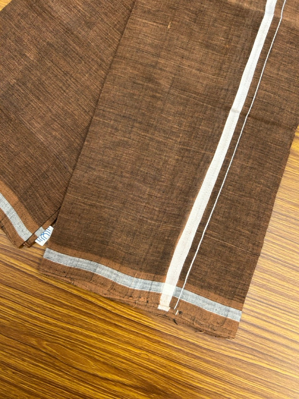 Handloom Single Hallmarked - 10% Discount !! KaithariKada 100% Pure Cotton - Mundu/Dhoti Brown Body White 0.5 inch Kara- (2 meter / 4 muzham)- 1 KK8030 ELA