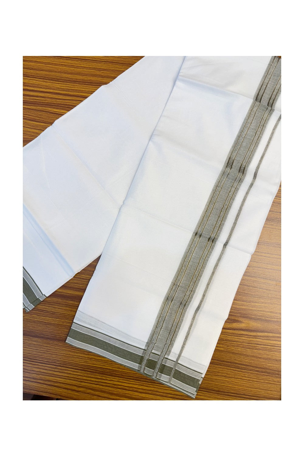 19% DISCOUNT!!! KaithariKada Balaramapuram 100% Cotton PURE white Double Mundu/Dhoti-100x100 2.5 Inch Silver stripes dark sage green shaded Kara - 1KK83VIN